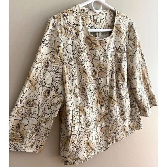 J. Jill Beige Floral + Paisley Print Linen Blend Collarless Blazer Jacket Medium - Picture 3 of 12